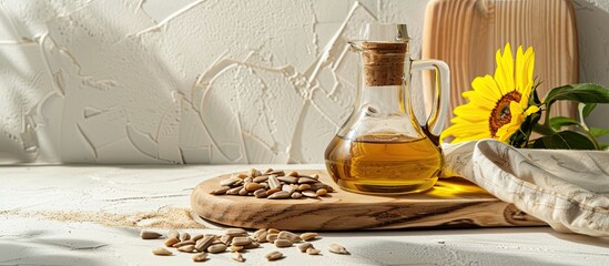 Poster - Items like a jug of oil, sunflower seeds, a napkin, and a board are placed on a light background for display in the copy space image.