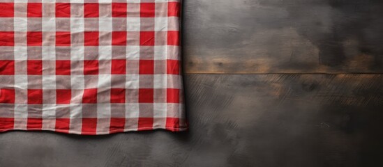 Wall Mural - Checkered kitchen tablecloth showcased from above on a concrete backdrop, perfect for adding text or graphics with the copy space image.