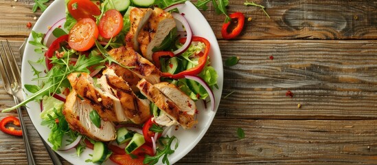 Aufkleber - plate of chicken salad with vegetables on wooden table. Copy space image. Place for adding text or design