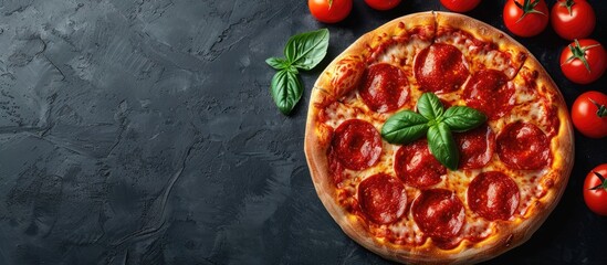 Poster - A delicious pepperoni pizza displayed with fresh tomatoes and basil on a stylish black background. Top view shot showcasing the hot pizza with room for text. with copy space image
