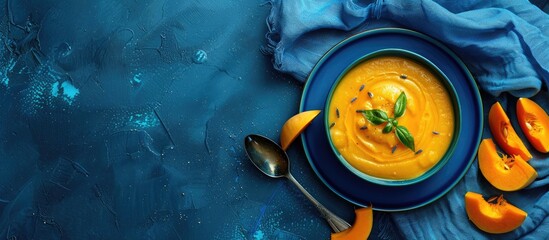 Aufkleber - Flat lay of pumpkin cream soup in a blue plate on a deep classic blue background with pumpkin slices, blue textile, and a spoon, creating a copy space image.