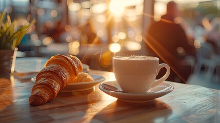 A cup of coffee and croissant sit on a table in a modern cafe with blurred people in the background
