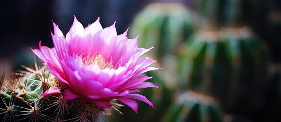 Leinwandbilder - Blurry background enhances tropical cactus flower in copy space image.