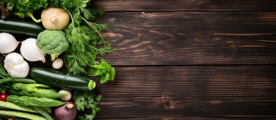 Poster - Top view of various fresh seasonal vegetables like cucumbers, white eggplants, fennel, basil, and kale leaves on a wooden table with copy space image.