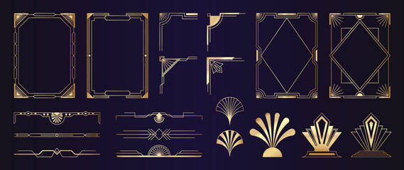 Sticker - Collection of geometric art deco ornament. Luxury golden decorative element with different line, frame, headers, dividers, borders, gatsby. Set of elegant design suitable for card, invitation, poster.