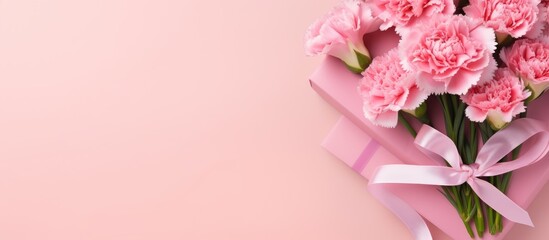 Poster - Top view of a bouquet of carnations and a gift box on a pink background for Mother's Day, weddings, and Valentine's Day, with space for adding your own image. with copy space image