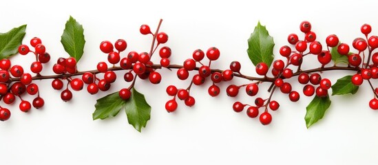 Poster - Botanical festive flat lay top view with red holly berries and green branches on a white background for a winter natural decoration. Ideal for a copy space image.