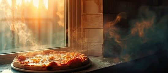 Poster - Pizza with steam rising against a window with copy space image.