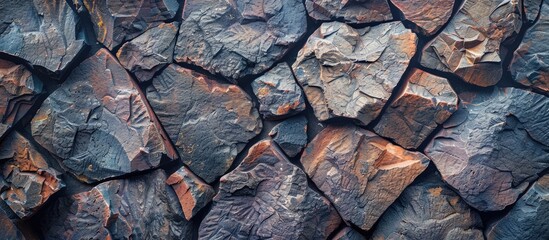 Poster - Abstract background of andesite rock wall with volcanic stone texture. Arranged rock fragments form a beautiful natural pattern. Text quotes space for copy.