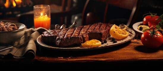 Poster - Table set with appetizing grilled steaks, with a copy space image available.