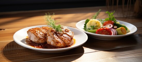 Aufkleber - Spicy Pork and Chicken Steaks displayed on a white plate on a wooden table with a clear area for additional image or text.