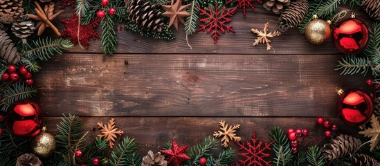 Poster - Christmas and New Year decorations displayed on a wooden background with copy space image.