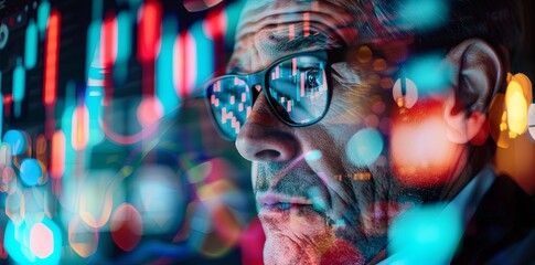 Canvas Print - Close up of stock trader wearing glasses looking at colorful candlestick