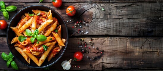 Wall Mural - Italian penne pasta in a flavorful tomato sauce with assorted vegetables, presented on a rustic wooden backdrop, with room for text in the image. with copy space image