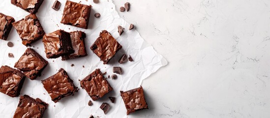 Poster - Top view of delicious homemade chocolate brownies on a white surface with copy space image.