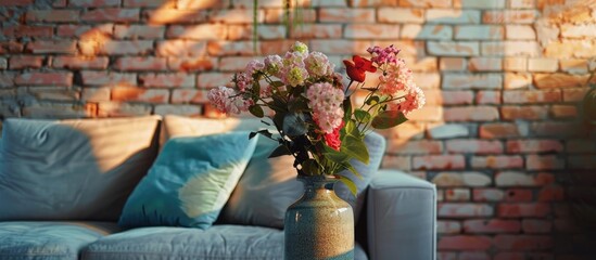 Fototapete - A vase of flowers in the living room and a sofa, brick wall backdrop and fair lighting. with copy space image. Place for adding text or design