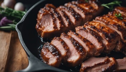 Wall Mural - Roasted pork steak in frying pan on black background