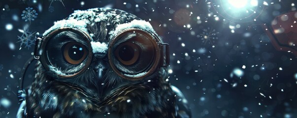 A close up of an owl with snow on its face. The owl is wearing glasses and he is looking at the camera. Free copy space for text.