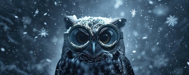 A close up of an owl with snow on its face. The owl is wearing glasses and he is looking at the camera. Free copy space for text.