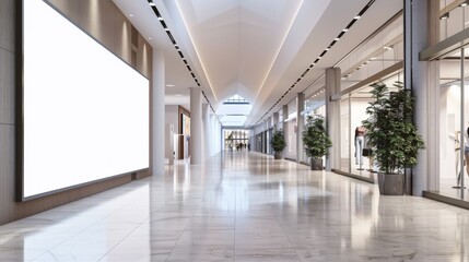 An empty and modern shopping mall corridor with large blank advertisement spaces, reflecting floor and high-end shopfronts