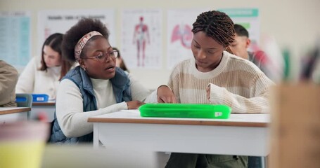 Poster - High school, teacher and student at desk with help for learning, test notes and support for project. Advice, woman and girl studying for exam in classroom with knowledge, information and attention