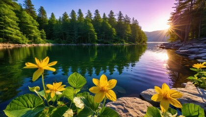 Poster - Sunrise Over a Tranquil Lake with Yellow Flowers.