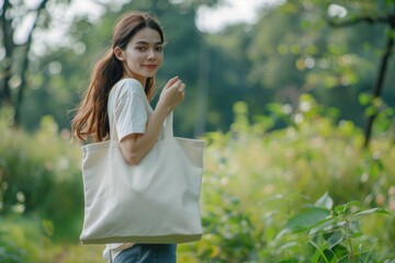 Wall Mural - Young woman holding tote bag against greenery background  empty space