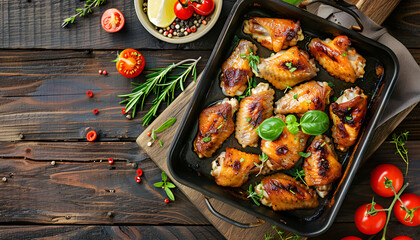 Wall Mural - Baked chicken wings in pan on wooden table. Top view