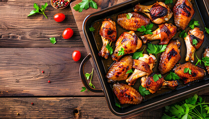 Wall Mural - Baked chicken wings in pan on wooden table. Top view