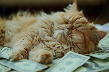 Wealthy Persian Cat Businessman Resting on Cash in Formal Suit in Natural Light