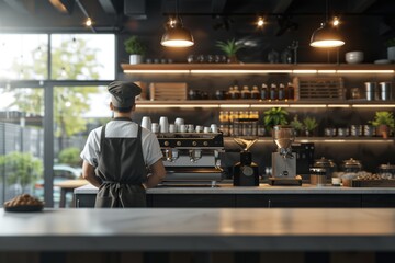 Wall Mural - Industrial Style Coffee Shop with Barista at Espresso Machine