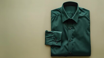 Wall Mural - A dark green men's formal dress shirt buttoned up and presented on a solid beige background.