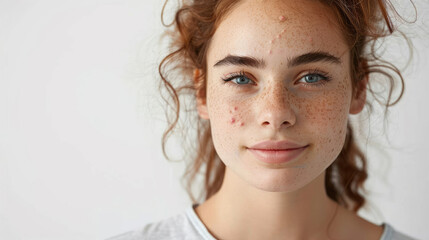 Wall Mural - Young teen Woman face with acne pimples on her face and looking front isolated on white background