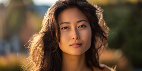 Wall Mural - A close-up portrait of an attractive young brunette woman outdoors, smiling happily in a park.