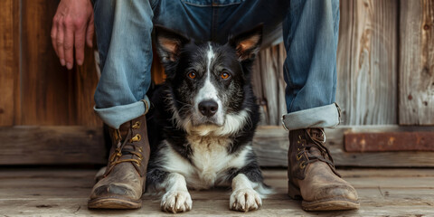 Wall Mural - A man enjoys a close bond with his  adorable dog in a sunny outdoor setting.