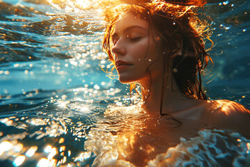 A young beautiful woman swims underwater in the waves in languid clothes.