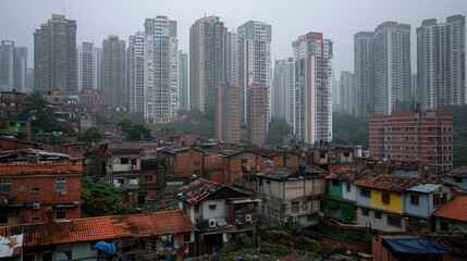 Wall Mural - Skyscrapers loom over a shantytown, highlighting stark urban wealth gaps