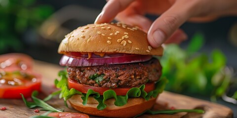 Wall Mural - A person is holding a hamburger with a slice of onion and tomato on top. The burger is on a wooden cutting board