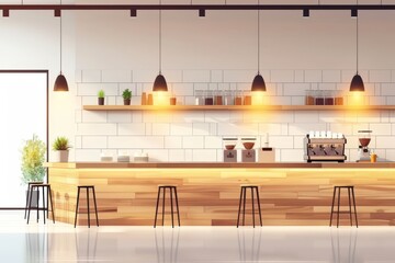 Wall Mural - Modern Cafe Interior with Pendant Lighting and Wooden Bar Highlighting a Clean and Minimalist Design