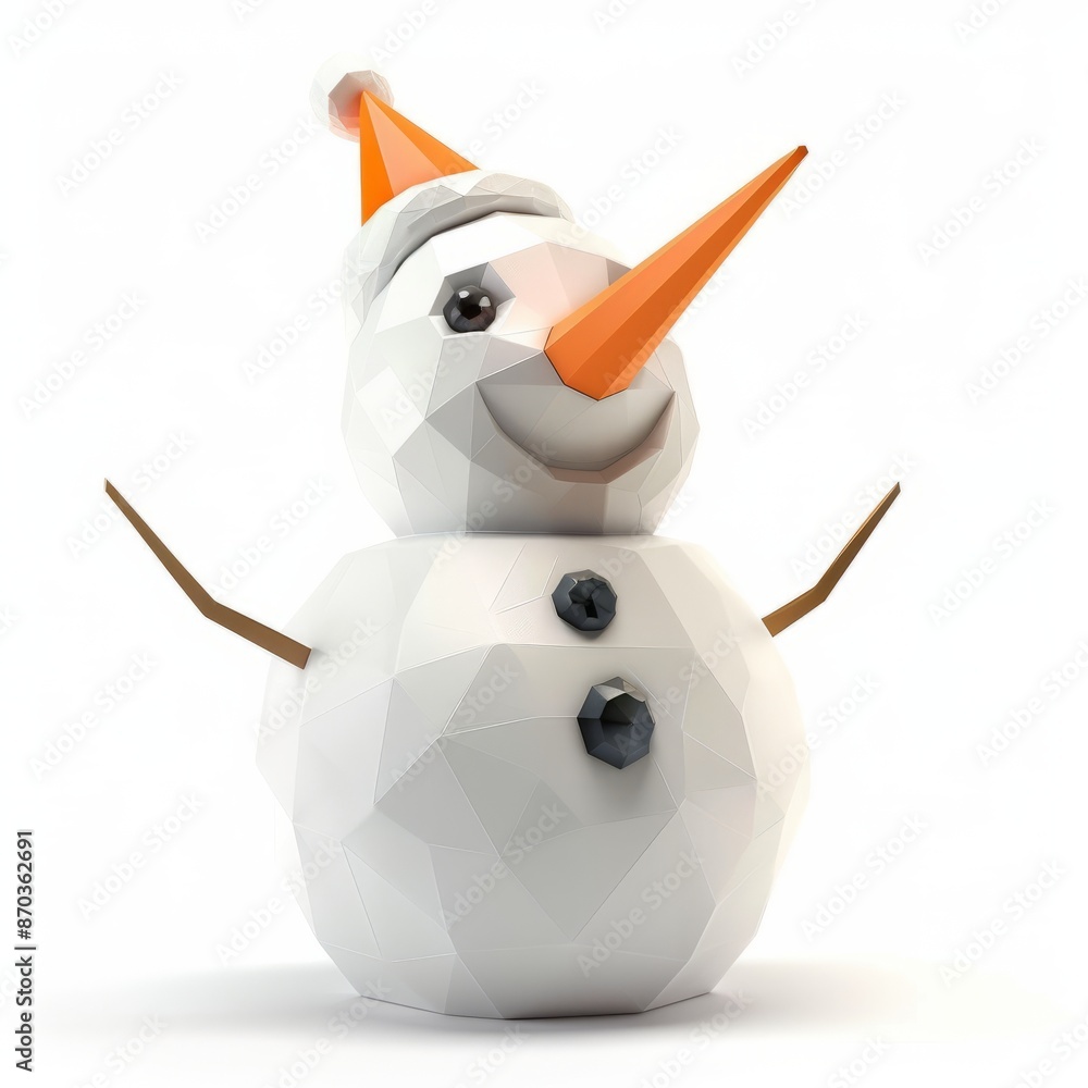 3D Render, Low Poly style of a joyful clay snowman with a carrot nose ...