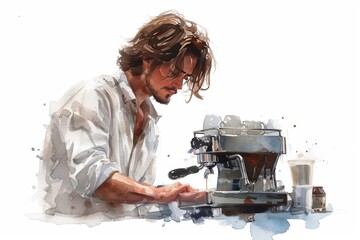 Poster - Focused Barista Operating Espresso Machine in a Modern and Clean Coffee Shop with Bright Lighting and a Professional Atmosphere