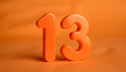 Wall Mural - Orange plastic number 13 for banner or poster. 3D rendering. Orange backdrop. Close-up.