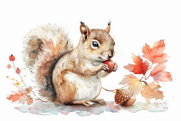 Watercolor painting of a cute squirrel holding an acorn with autumn leaves around, showcasing a beautiful nature scene.