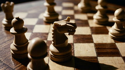 A close-up view of a chessboard, ready for a game to begin