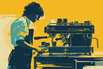 Canvas Print - Silhouette of Barista at Espresso Machine in a Modern Cafe with Yellow Background and Artistic Design