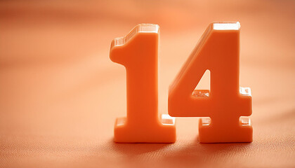 Wall Mural - Orange plastic number 14 for banner or poster. 3D rendering. Orange backdrop. Close-up.