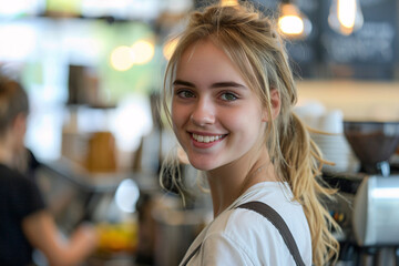 a smiling, young and attractive saleswoman is serving customers as a cashier in a retail store. she 