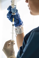 Wall Mural - Nurse giving an intravenous injection, steady hands, Portrait half-body, hyper-realistic, high detail, photorealistic, white background, Key Light, fill light, back light