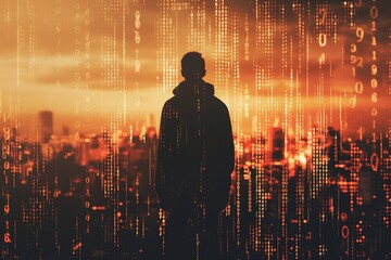 Abstract technological background with a black silhouette of a man’s back against the background of blurred night glowing windows of a business center with a line of code running vertically