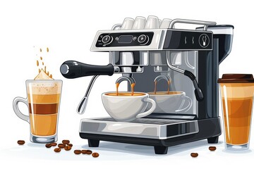 Canvas Print - Modern Espresso Machine with Coffee Cups and Brewing Tools Featuring a Clean Design